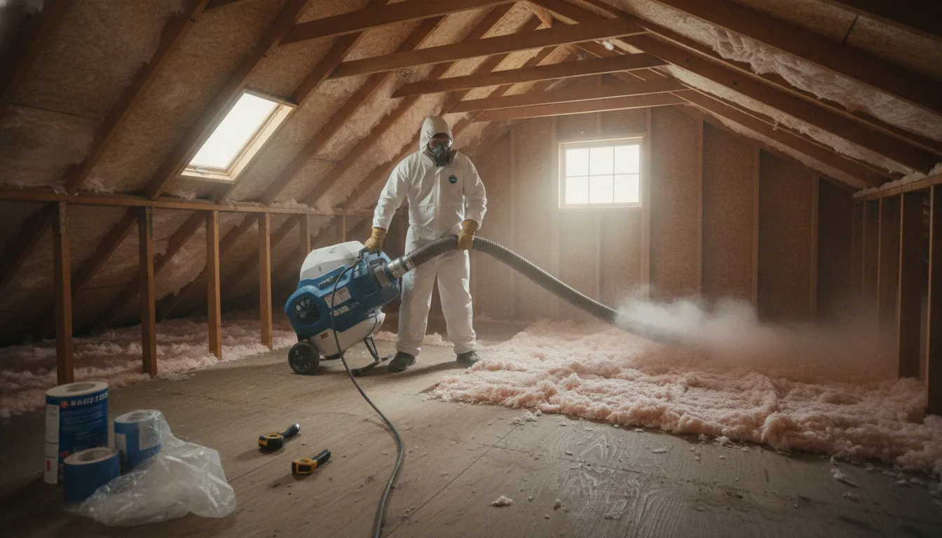 Worker installing blown-in attic insulation in a Houston-area home