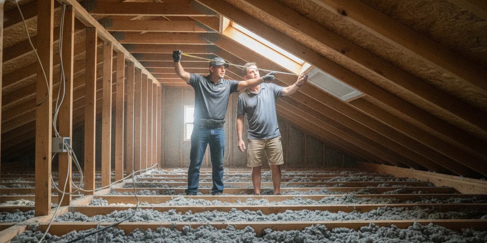 Houston homeowner and insulation professional reviewing attic vents and roof framing
