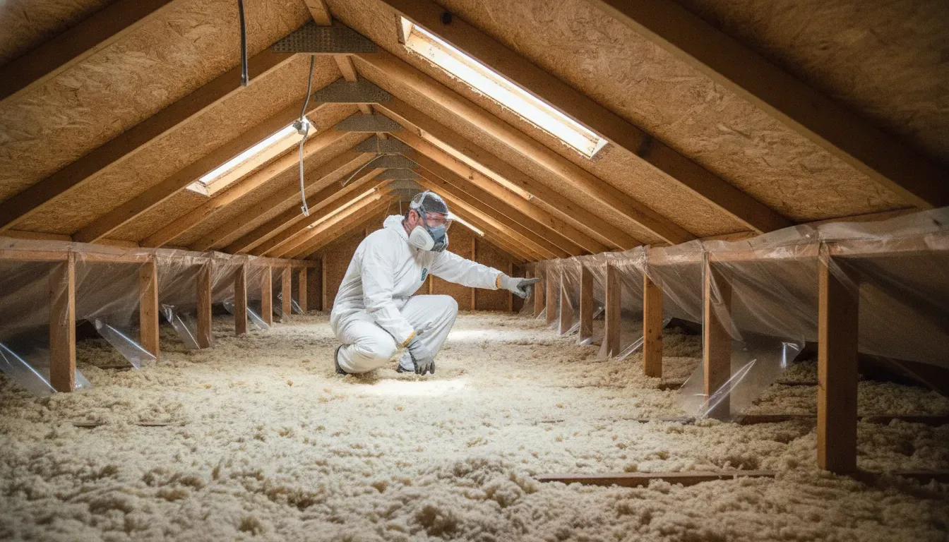Houston attic insulation technician inspecting insulation and soffit airflow channels
