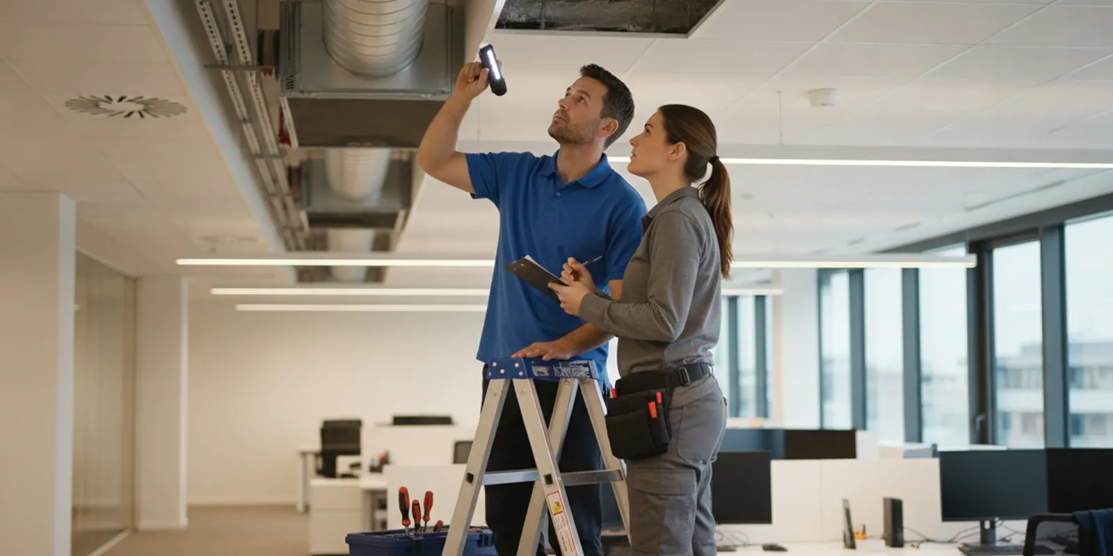 Facility manager reviewing commercial HVAC ductwork in a Houston building