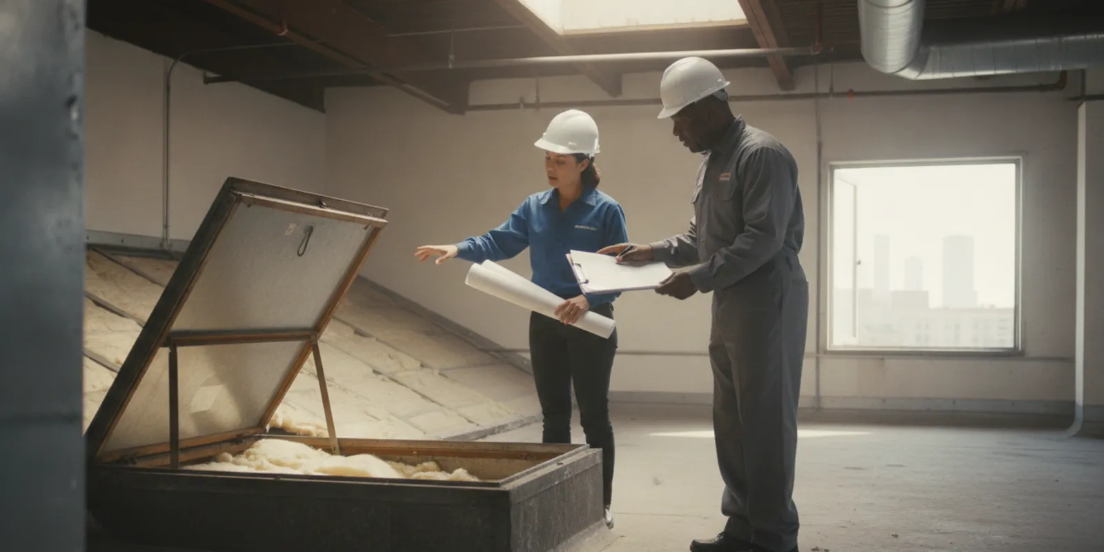 Property manager reviewing insulation and roof access notes inside a commercial building