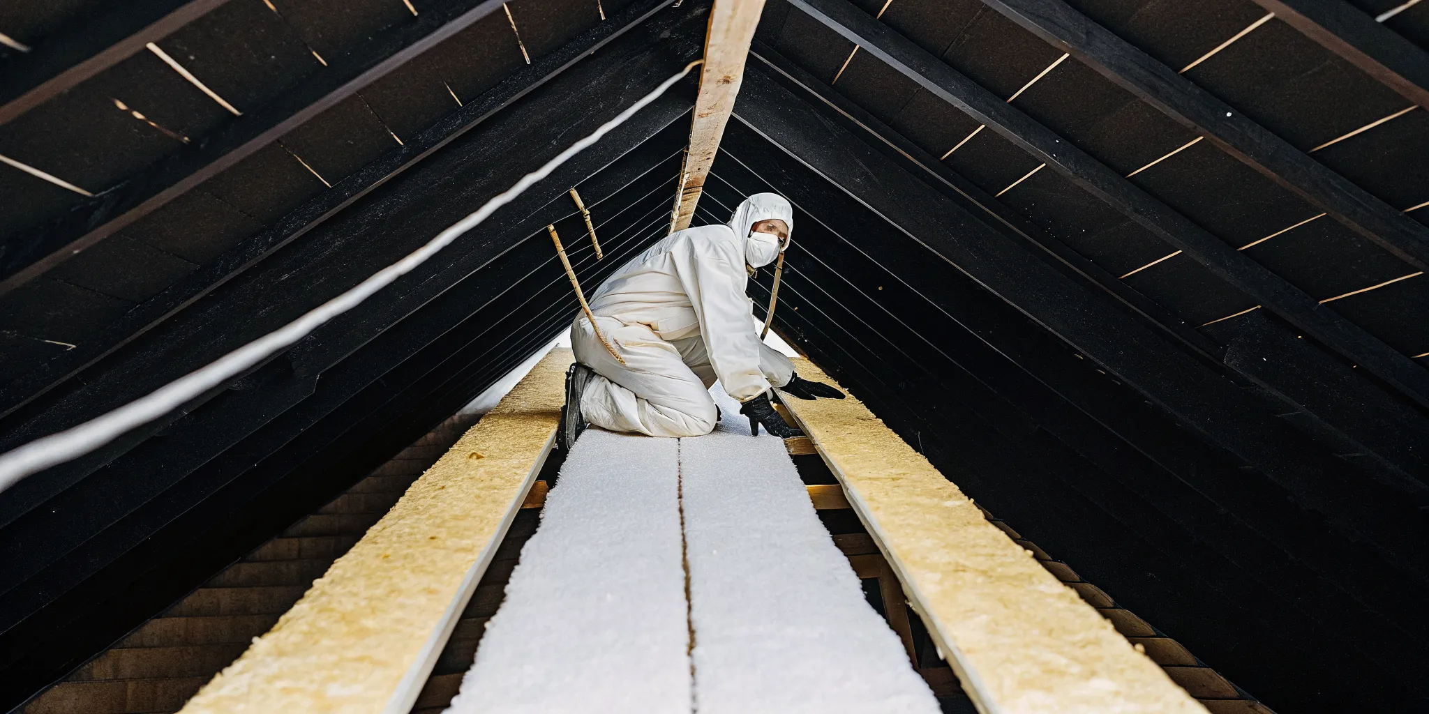 Person in a protective suit performing a DIY attic insulation removal.