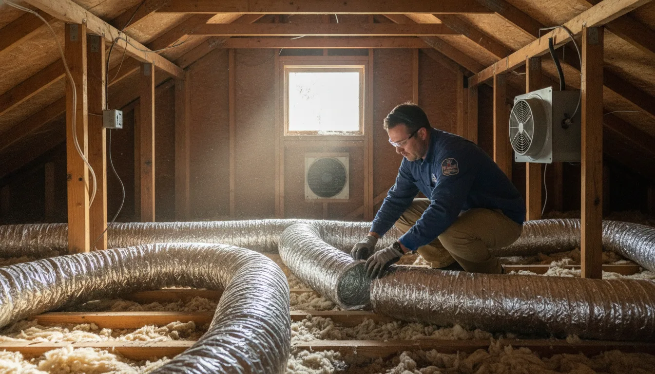 Houston attic technician inspecting insulated HVAC ductwork for duct insulation