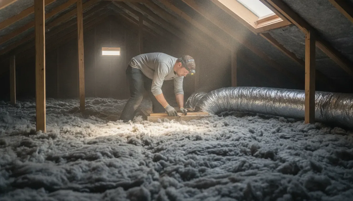 Houston insulation technician checking attic insulation and ductwork