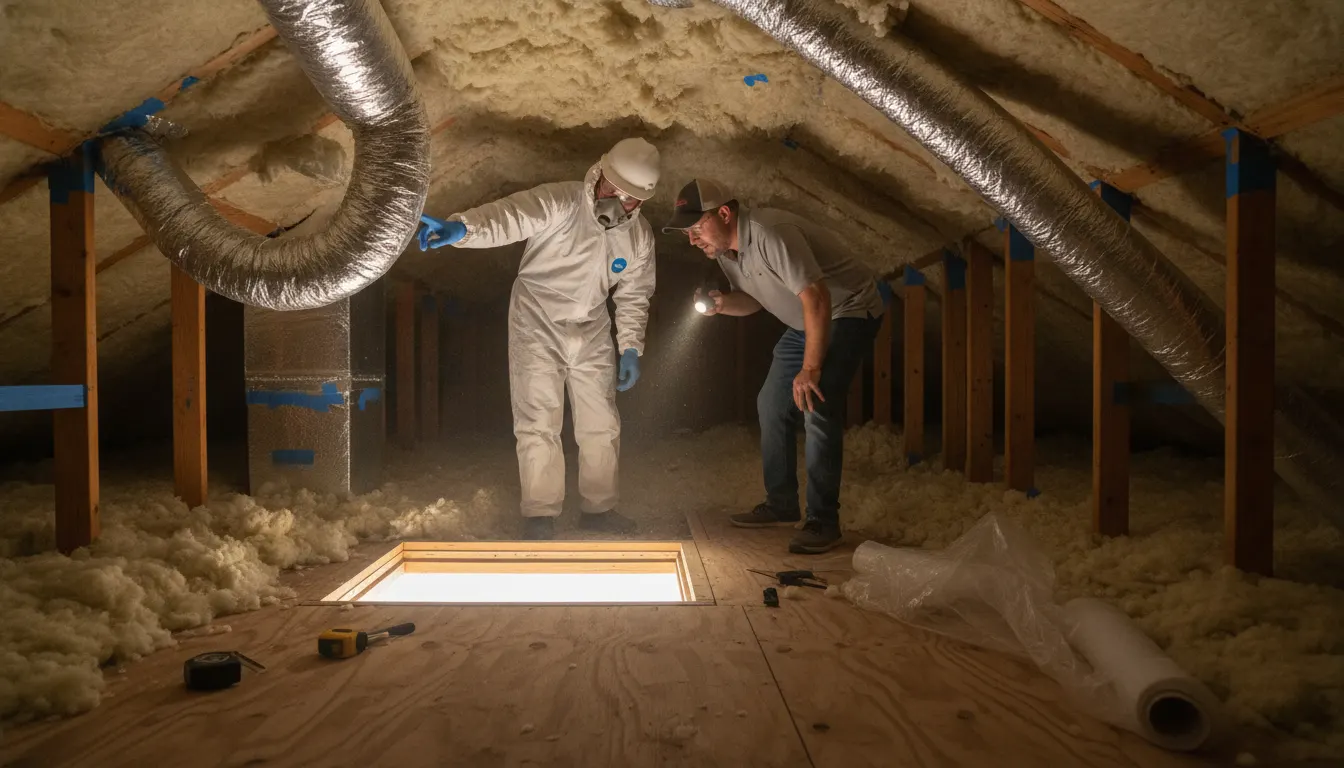 Houston homeowner and insulation technician inspecting attic insulation and ductwork