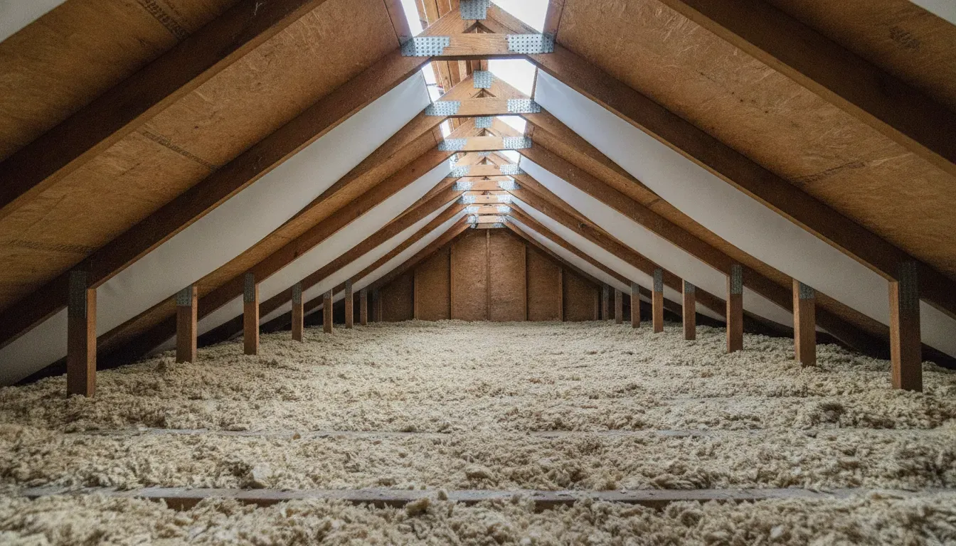 Attic baffles keeping Houston soffit airflow clear beside insulation