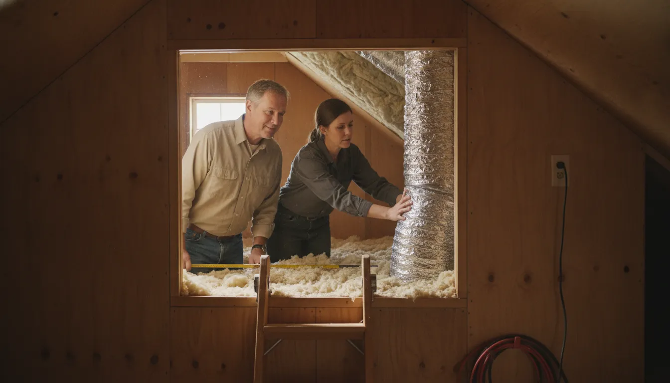 Houston homeowner and technician checking attic insulation near an air duct