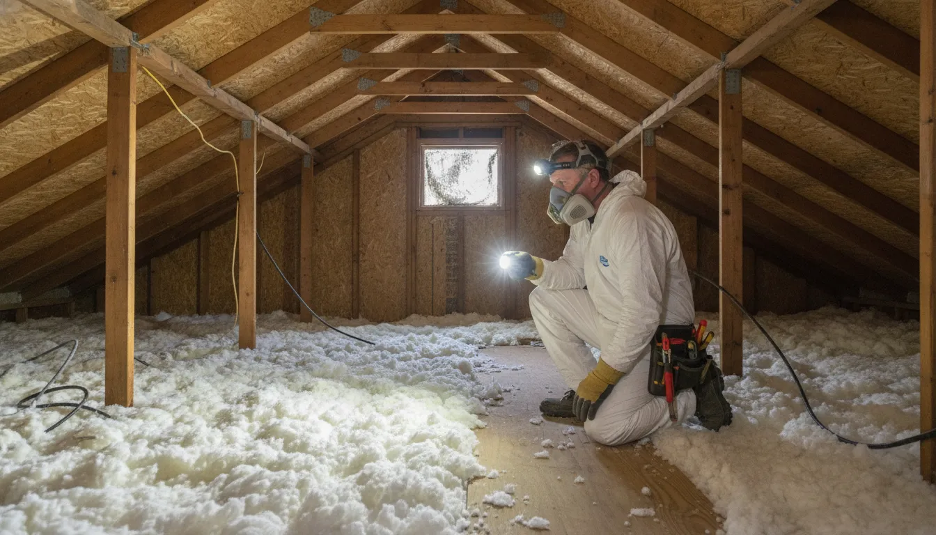 Technician inspecting attic insulation in a Houston area home