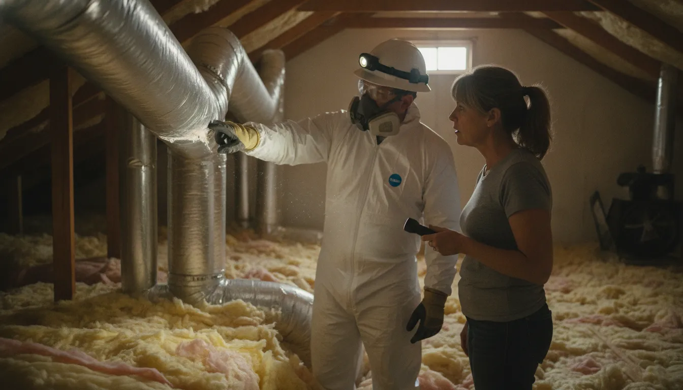 Houston attic technician inspecting ductwork and insulation for indoor air quality services