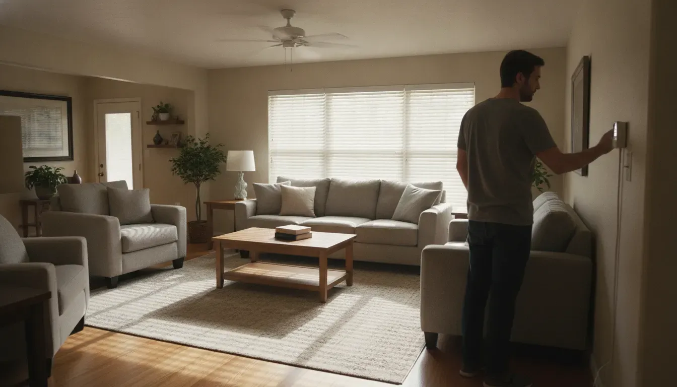 Houston homeowner using a thermostat, ceiling fan, and window shades to manage summer cooling