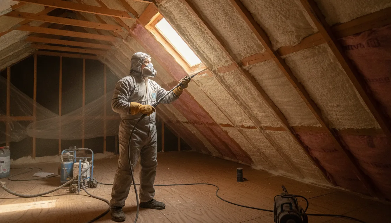 Technician applying spray foam insulation along a Houston attic roofline