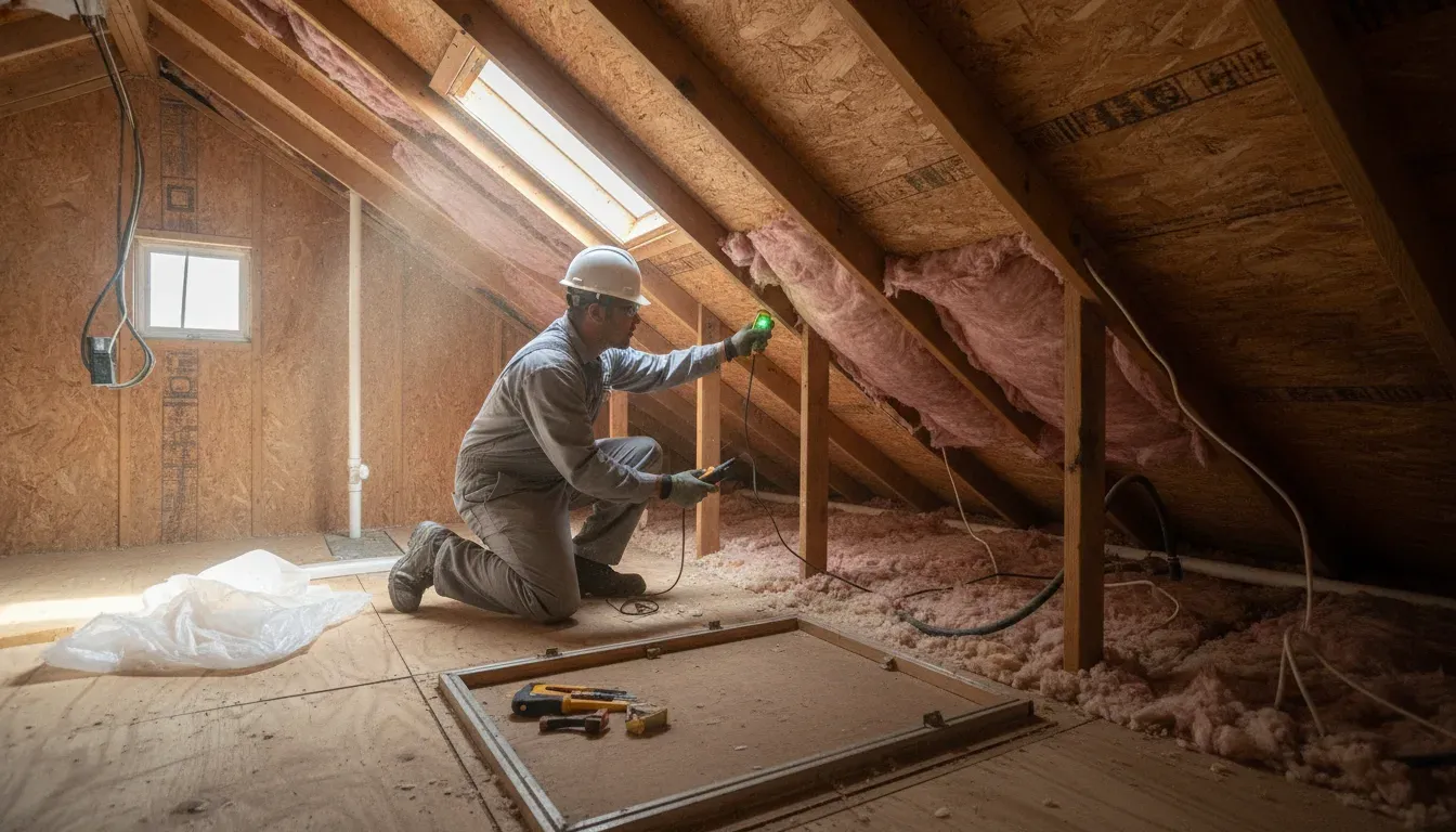 Insulation professional inspecting a manufactured home attic in Houston