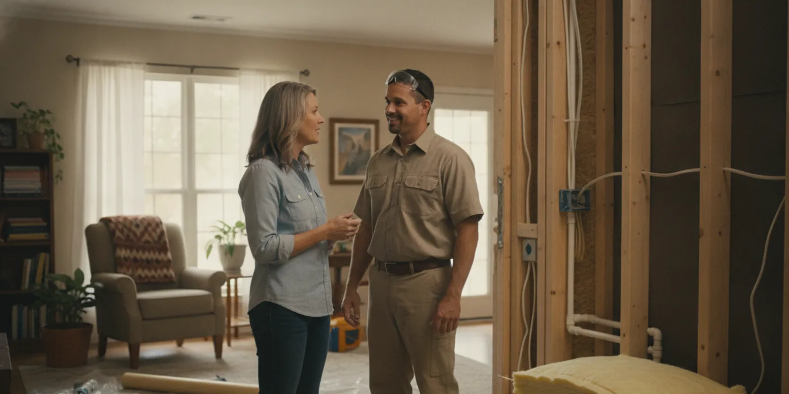 A Houston homeowner and insulation professional reviewing wall framing and insulation in a home