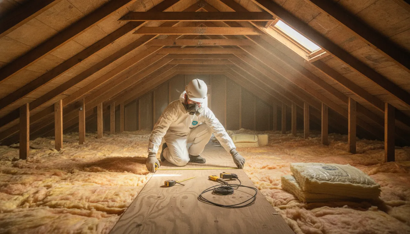 Technician checking attic insulation R-value in a Houston home