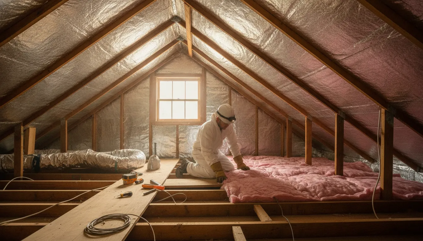 Houston technician installing attic insulation beneath a radiant barrier