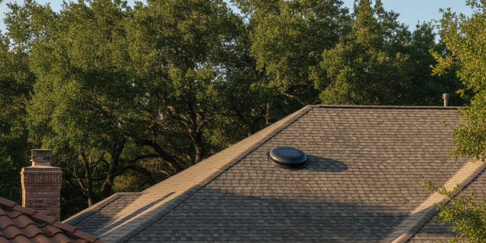 Solar attic fan installed on a Houston home roof under bright skies
