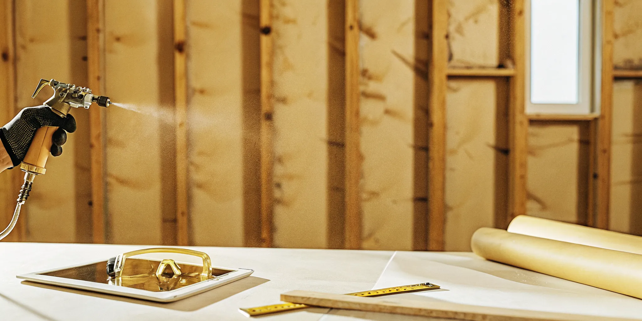 Applying spray foam insulation to a wall, a key part of calculating the project cost.