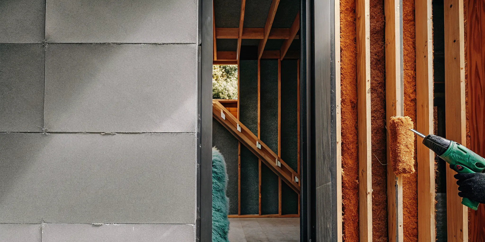 Spray foam insulation applied to wall studs, a key factor in the project's cost per sq ft.