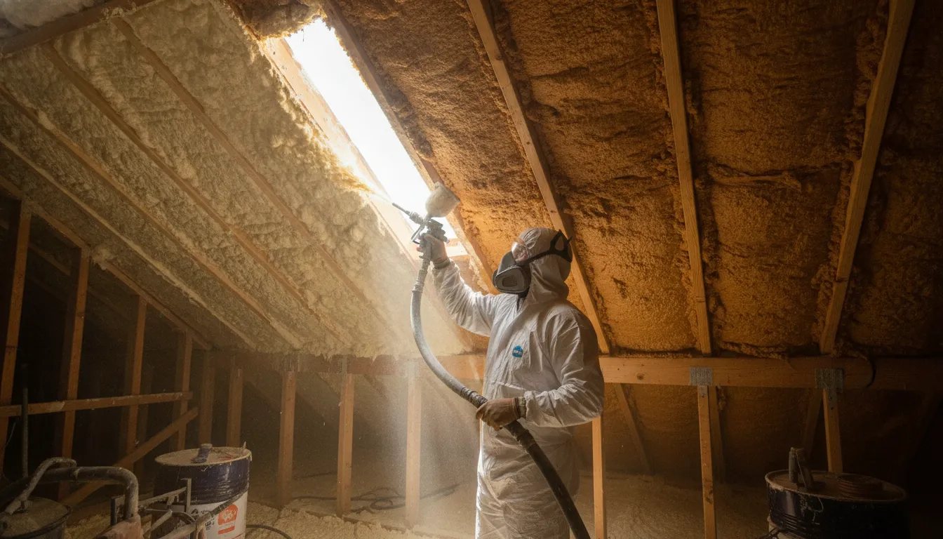 'Technician applying spray foam insulation inside a Houston attic'