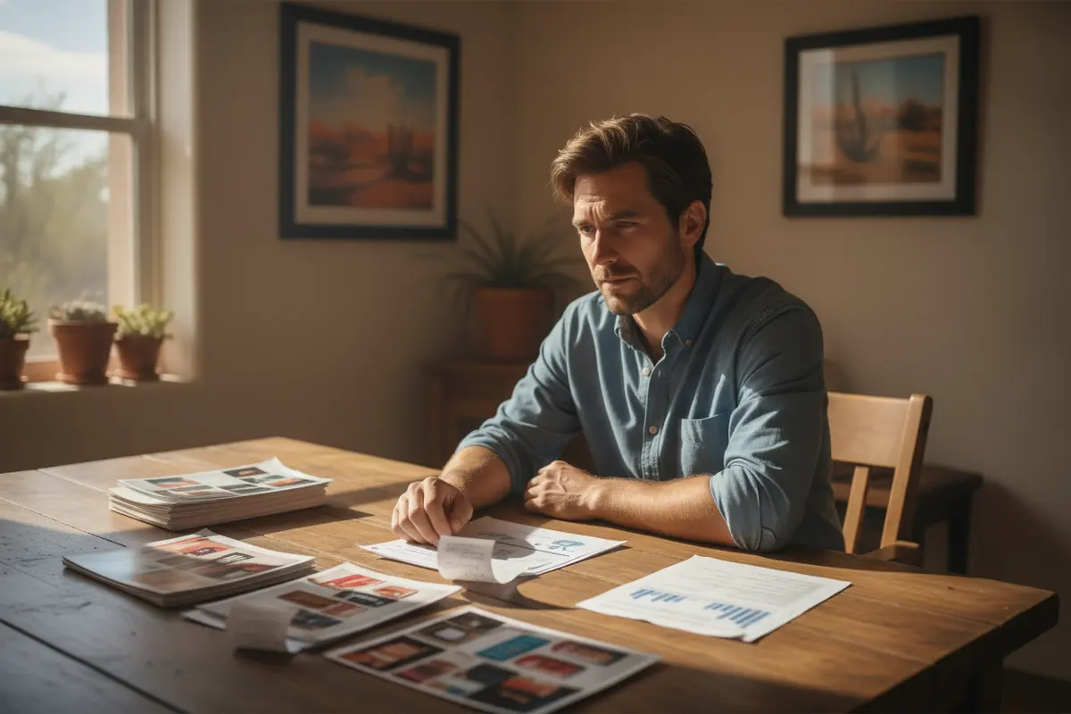 An injured Albuquerque resident organizes product photos and purchase records before a legal consultation
