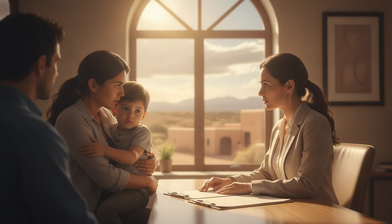 Attorney meeting with a parent and child after a New Mexico school bus accident