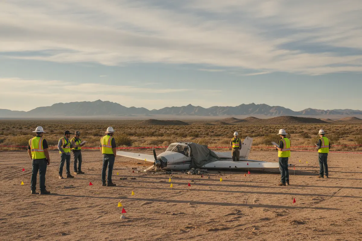 Emergency responders and investigators assessing an aircraft incident area