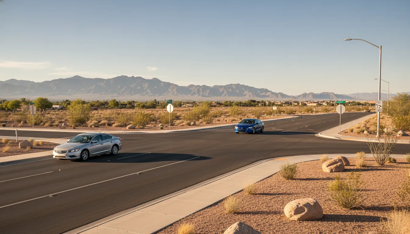 A sedan waits to turn left at a New Mexico intersection while an oncoming car approaches