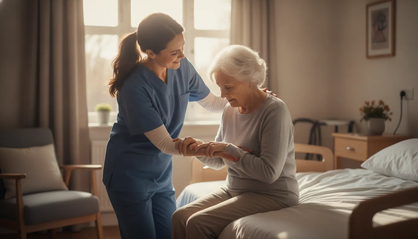 A nurse assisting an elderly resident in a bright nursing home room