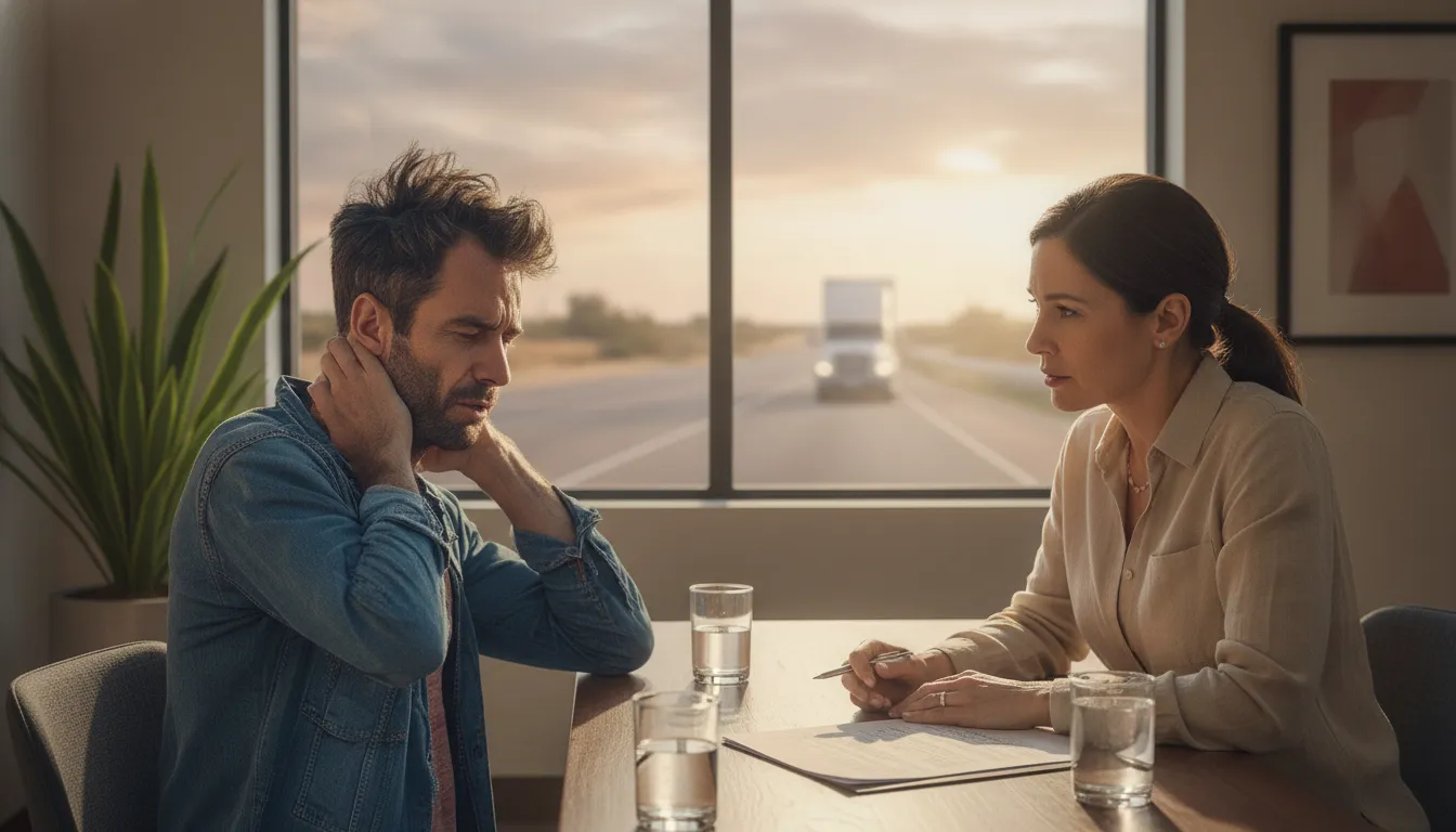 Injured New Mexico truck crash client speaking with an attorney about case strategy