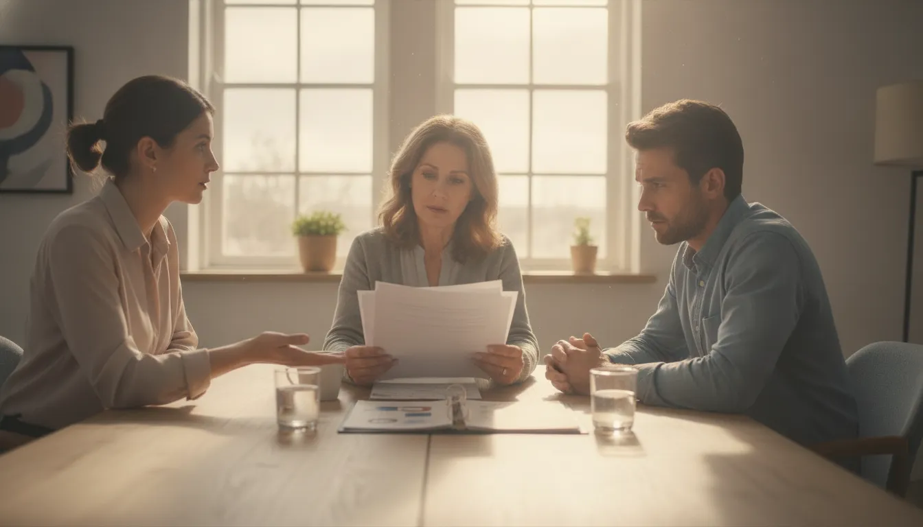 A family reviewing medical records and notes with a care advisor