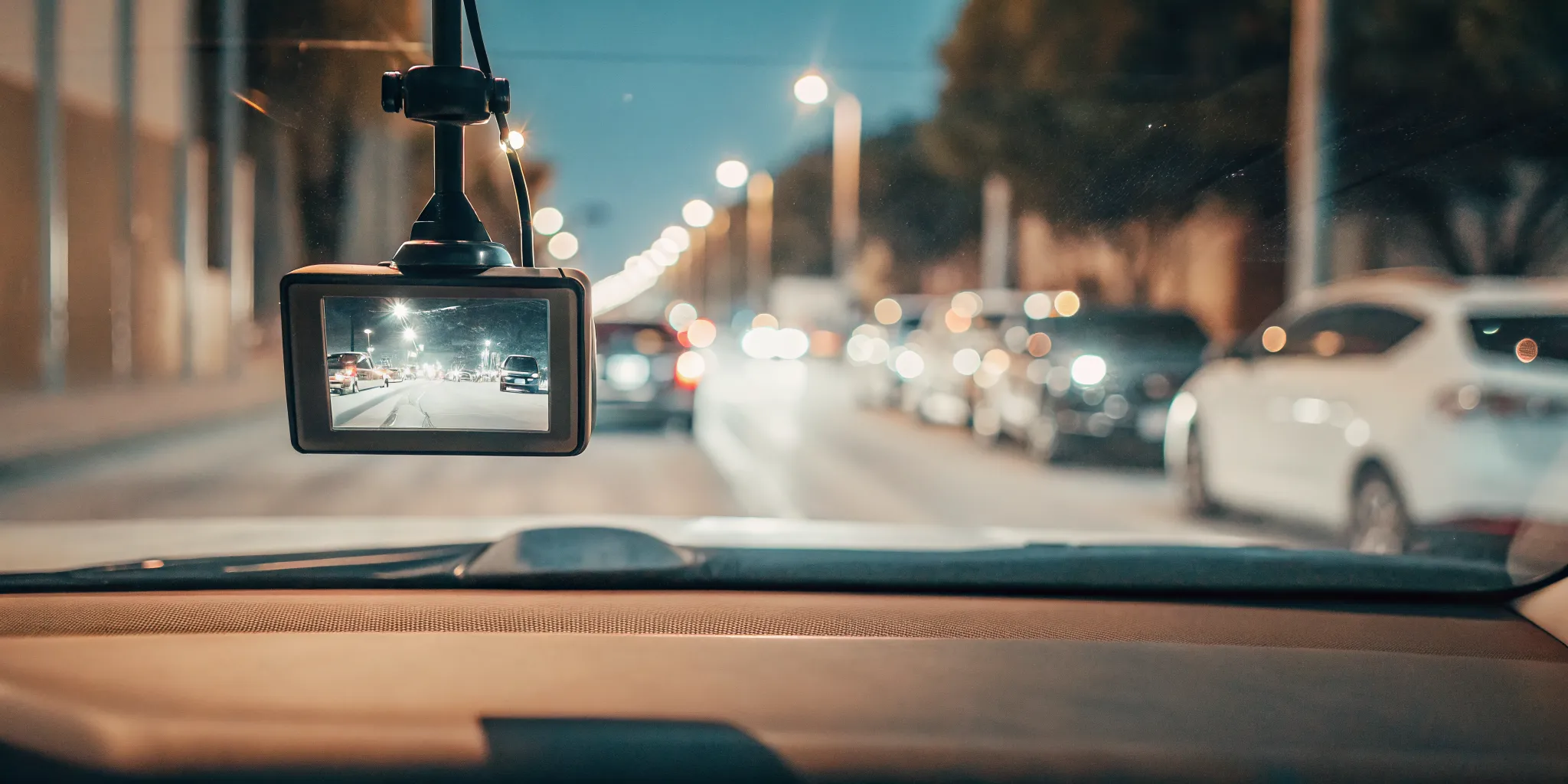 Car dashboard camera recording road ahead at night with headlights and traffic