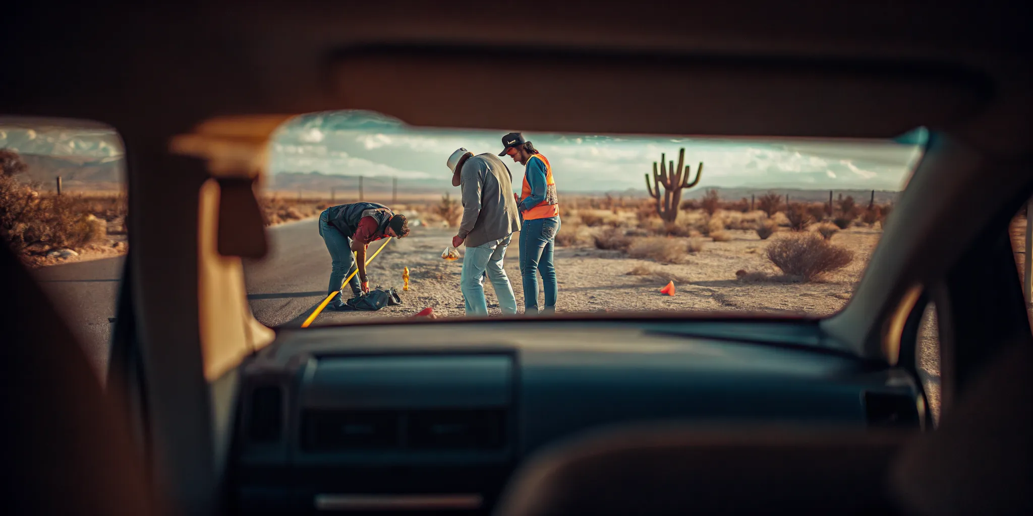 Investigators documenting truck crash evidence on a New Mexico highway