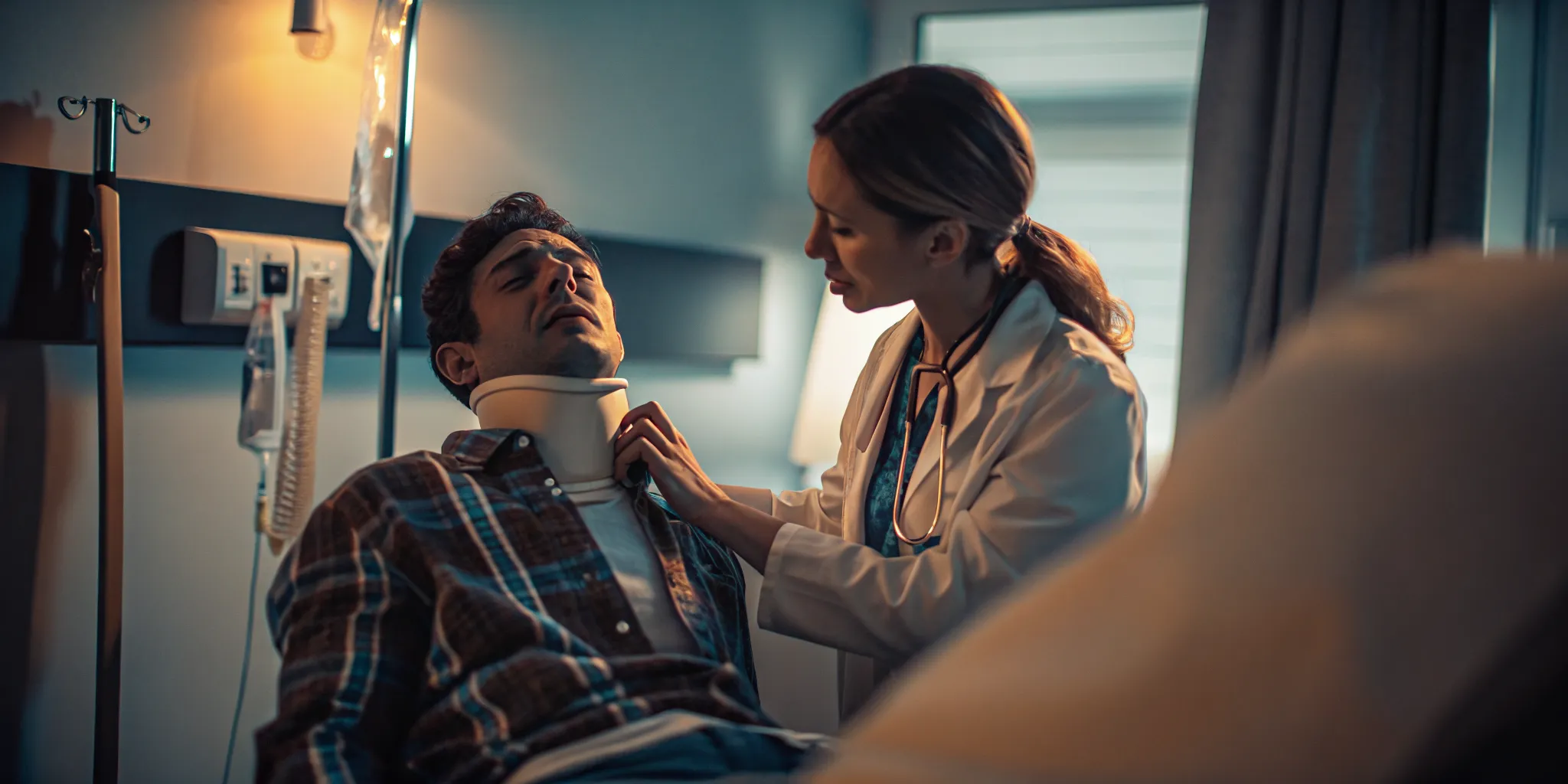 Doctor examining a car accident patient in an Albuquerque medical clinic