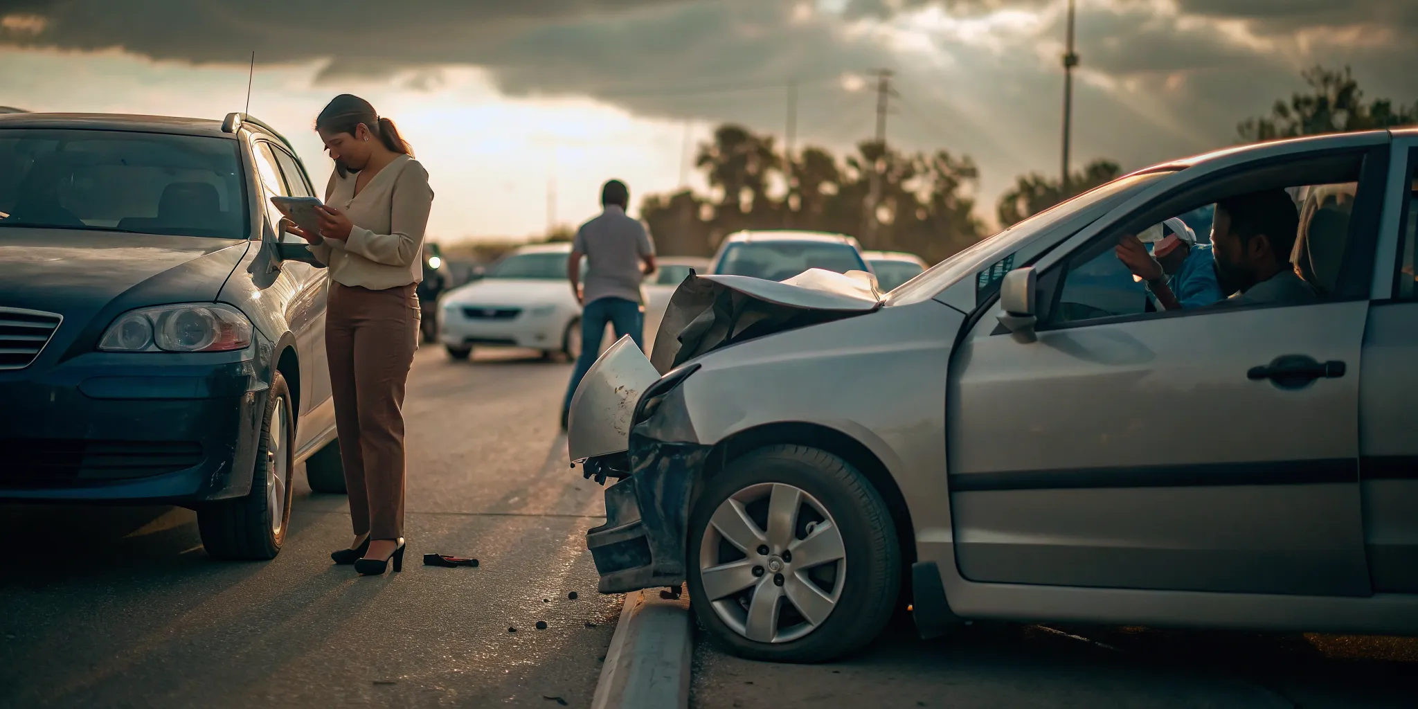 Police officer documenting a car accident scene on an Albuquerque roadway