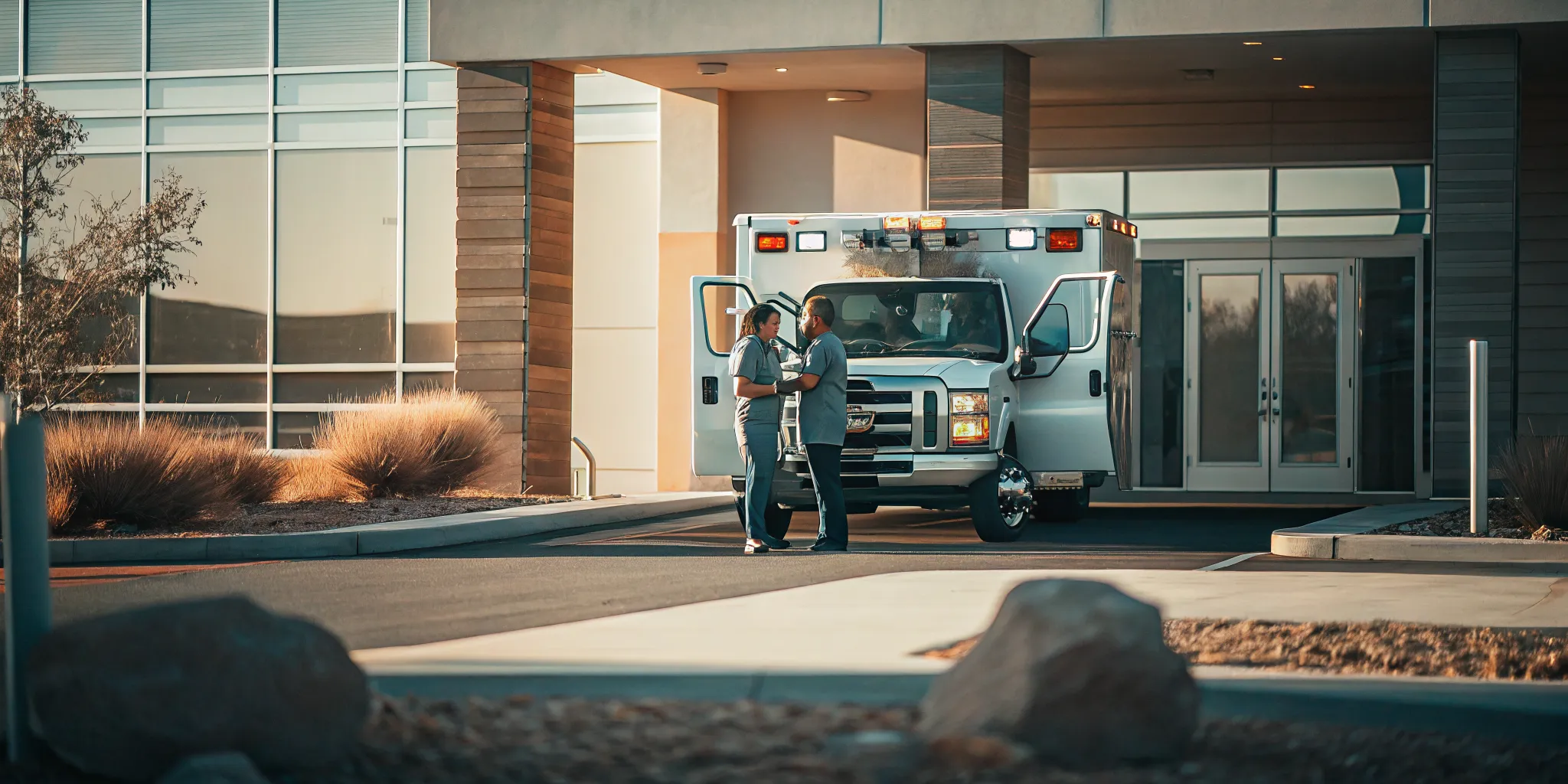An emergency ambulance parked outside an Albuquerque, New Mexico hospital