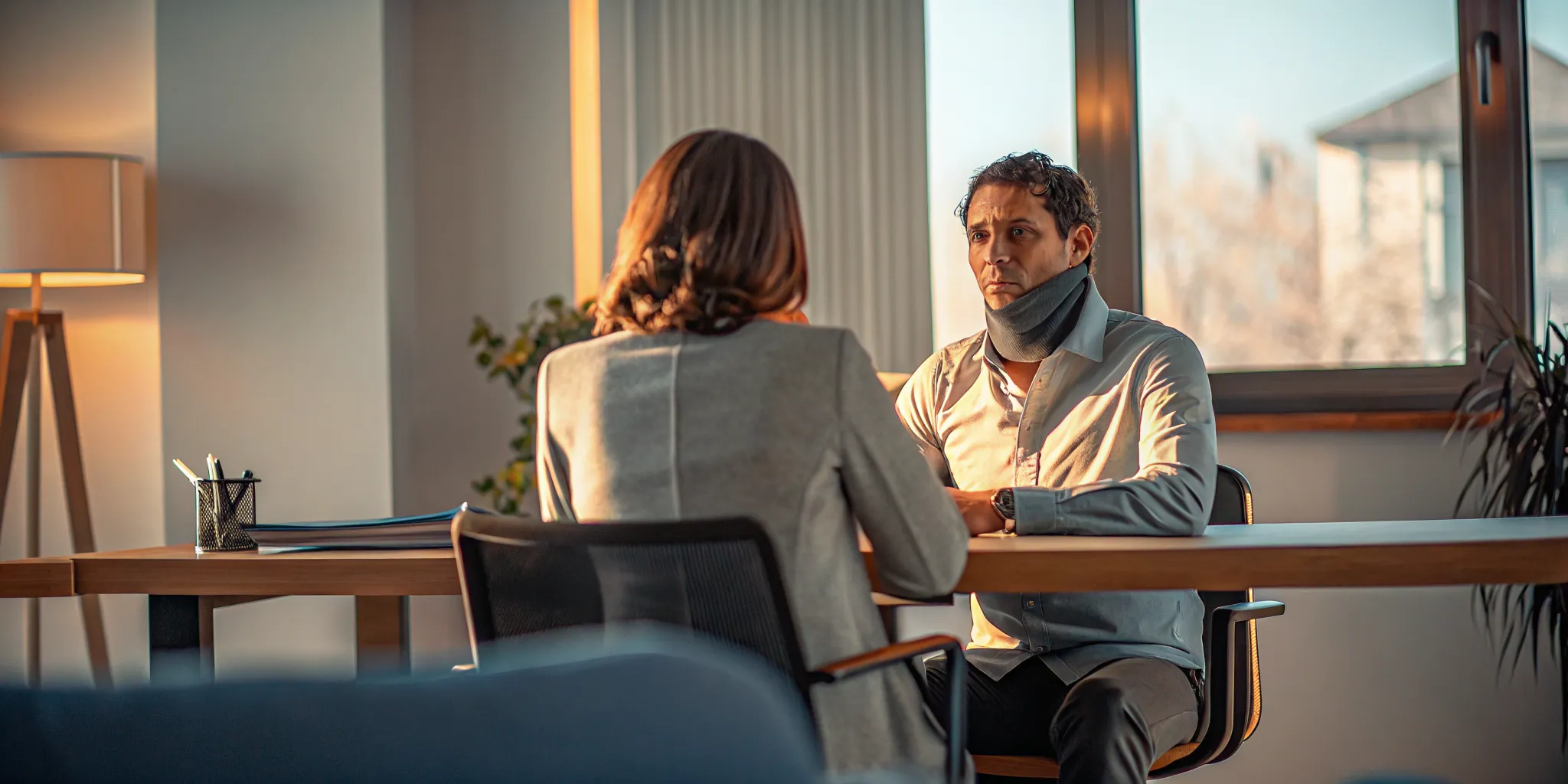 Car accident victim meeting with insurance adjuster at desk