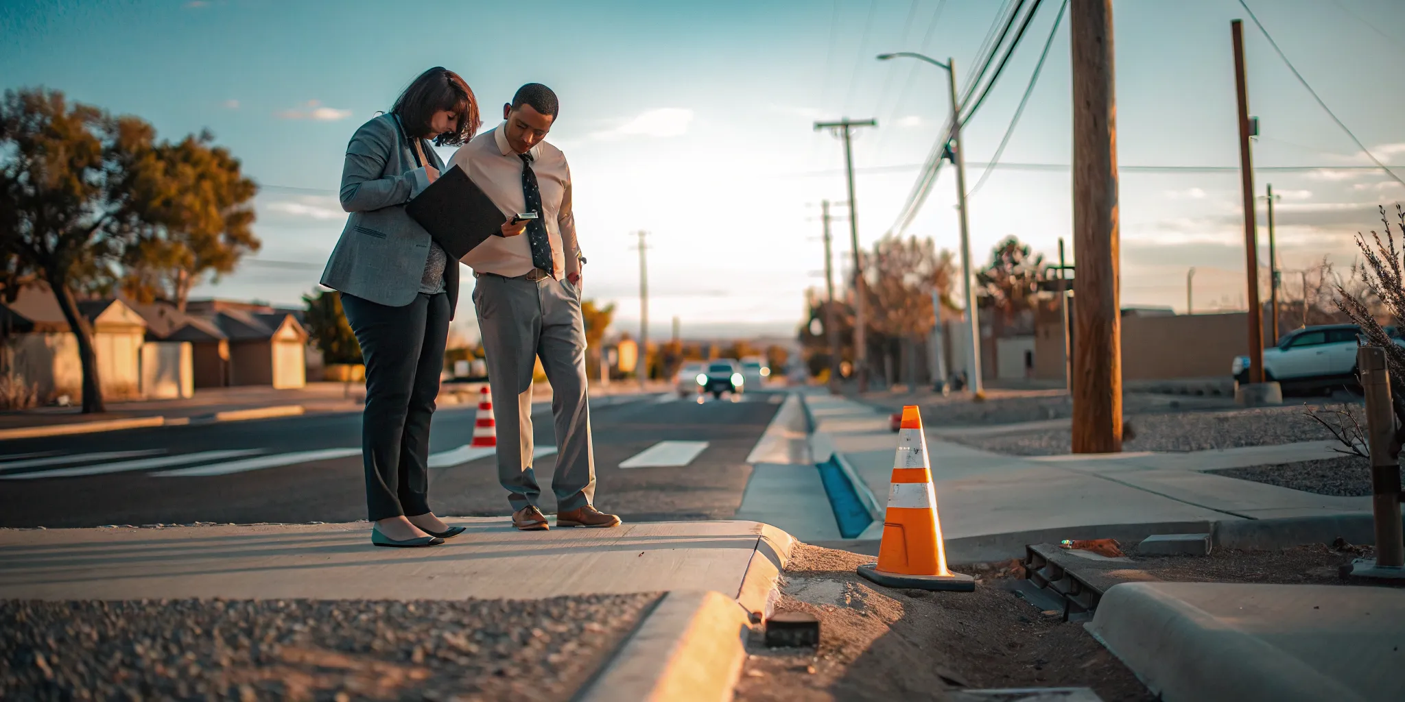 Attorney and investigator reviewing a New Mexico pedestrian accident scene