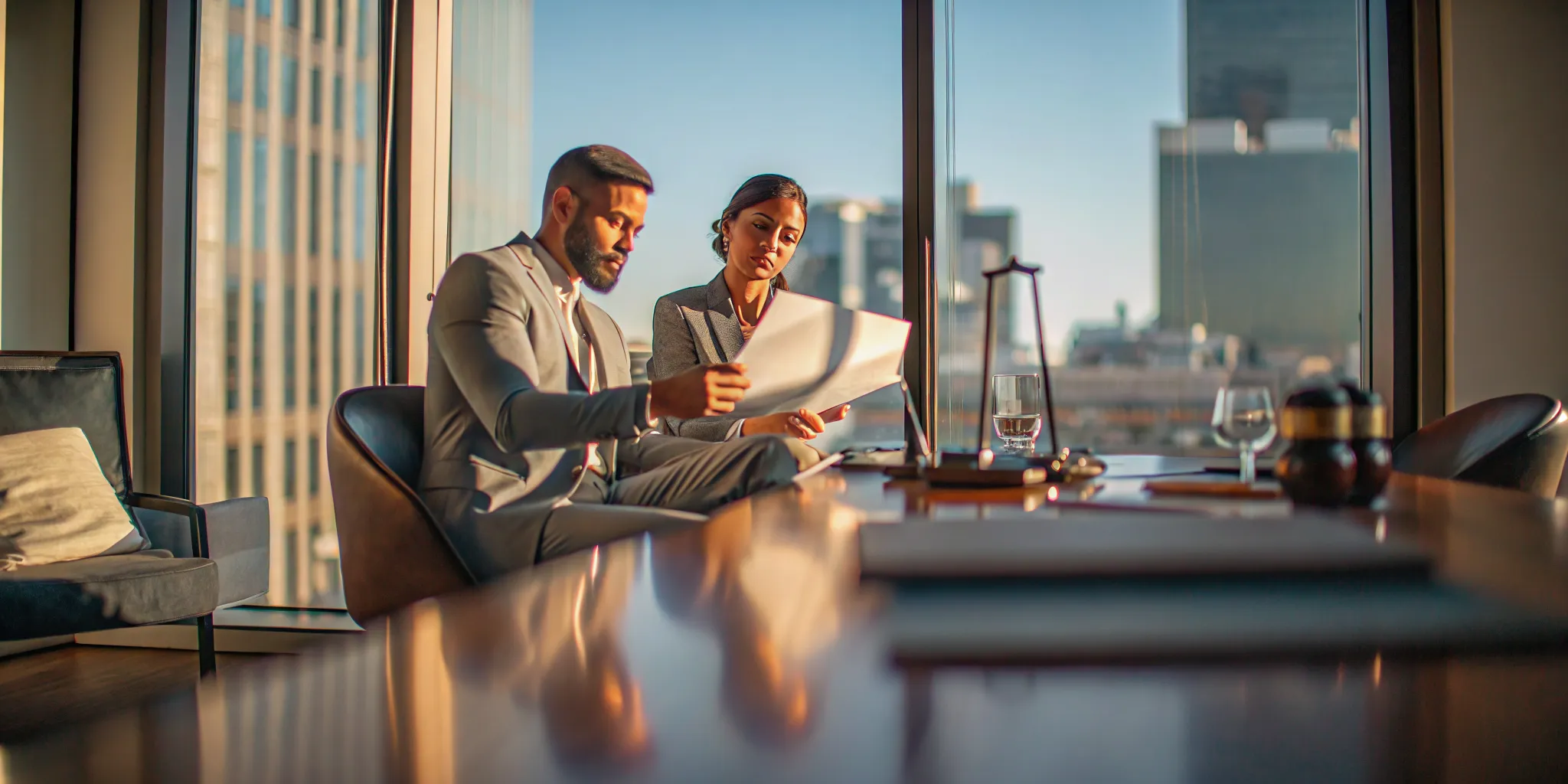 Lawyer and client reviewing case documents together in a professional law office