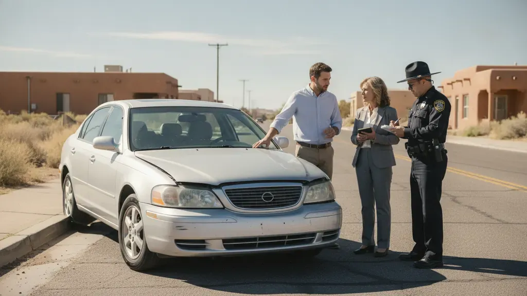 Injured passenger documenting New Mexico car accident evidence with an attorney and responding officer