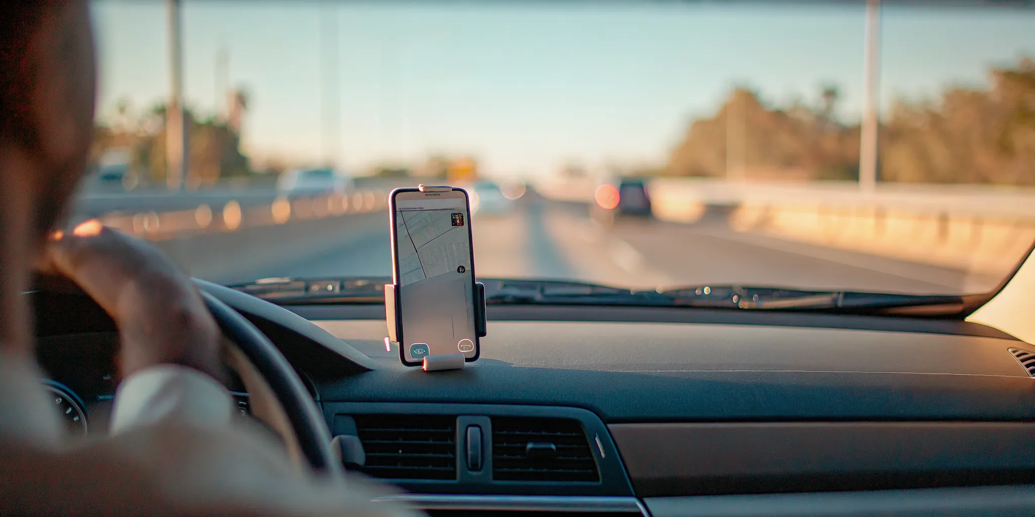 Smartphone on a car dashboard displaying a text message with highway visible through windshield