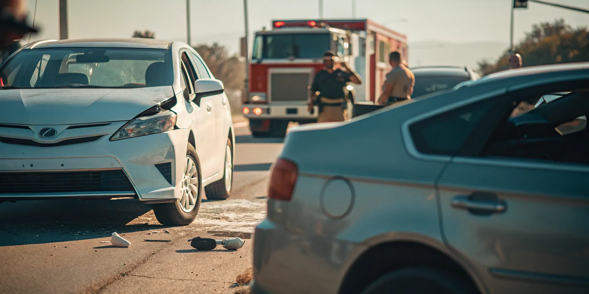 Rideshare accident scene on a New Mexico highway with emergency vehicles responding