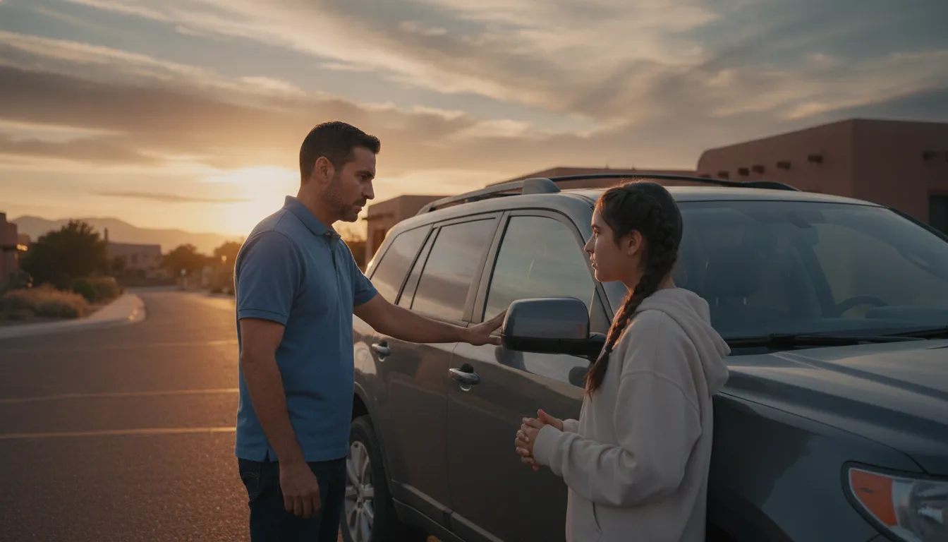 Teen driver and parent discussing safe driving after a New Mexico car crash