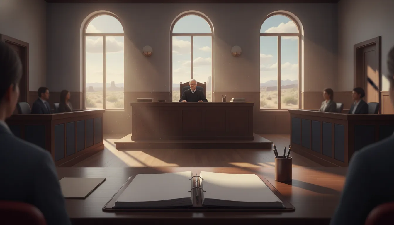 New Mexico courtroom with judge, jury, and blank legal file representing how evidence informs insurance bad-faith jury instructions