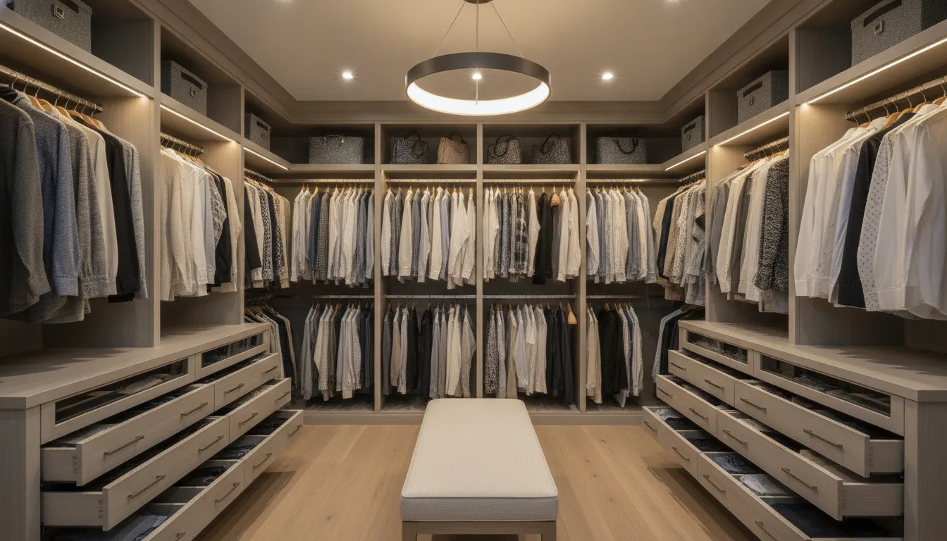 Custom closet with reachable shelves, drawers, and a clear walkway