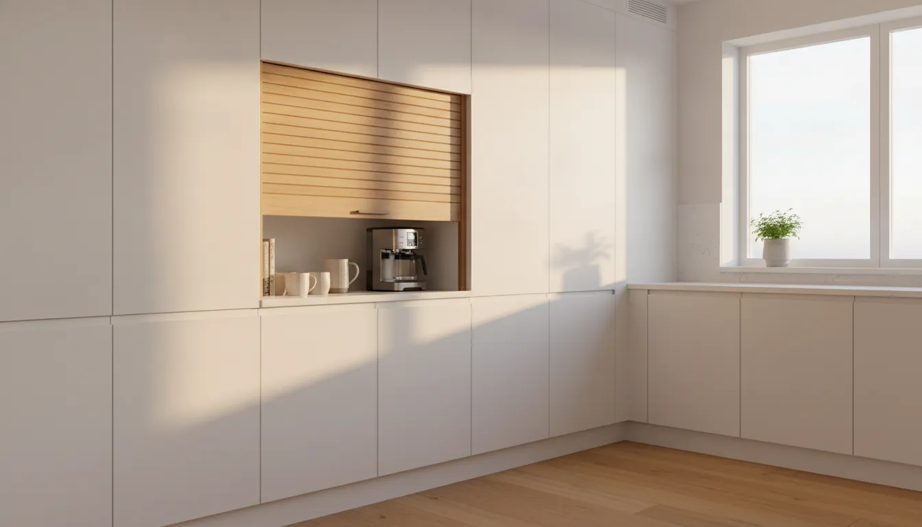 Bright modern kitchen with an open appliance garage cabinet concealing a coffee maker