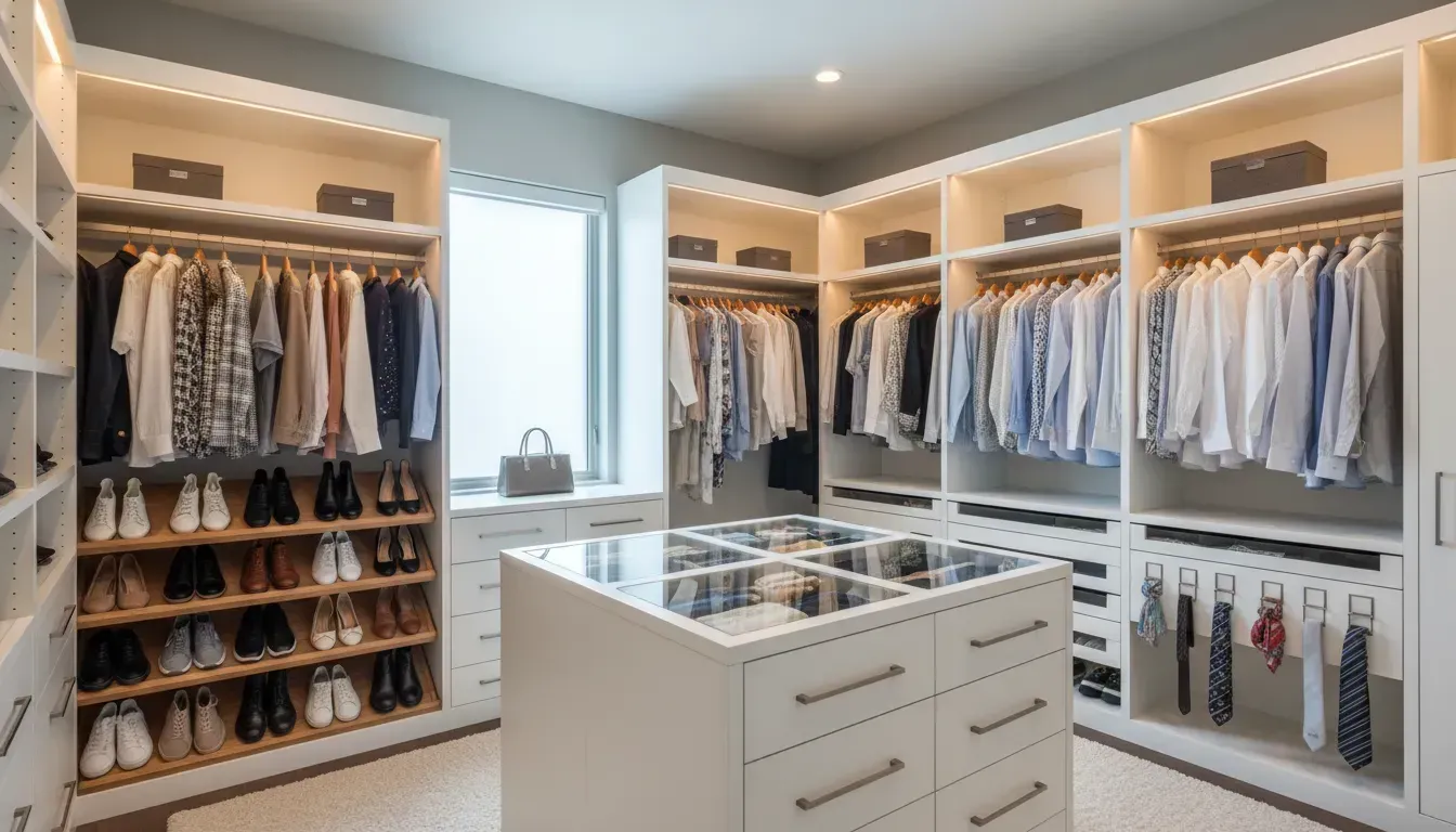 Custom bedroom closet system with built-in shelving, drawers, and hanging space