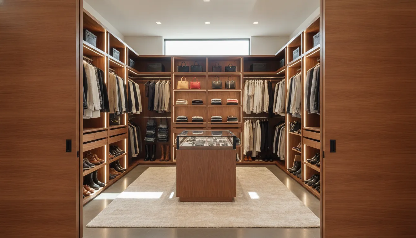 Sliding closet doors on a modern custom walk-in closet in a bright home interior