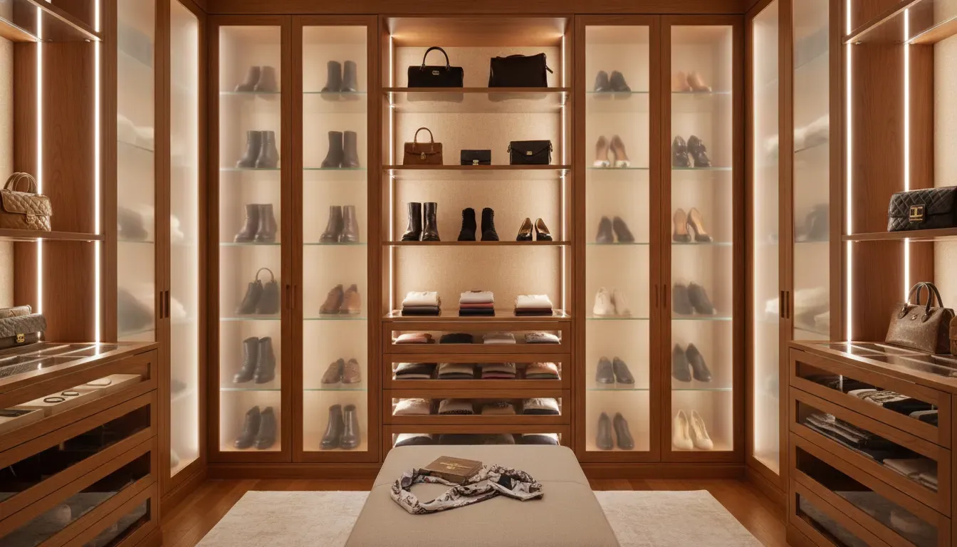 Discreet closet lighting highlighting shoes, handbags, shelves, and drawers