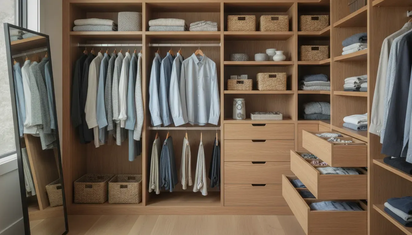 Closet lighting illuminating hanging clothes, shelves, and open drawers