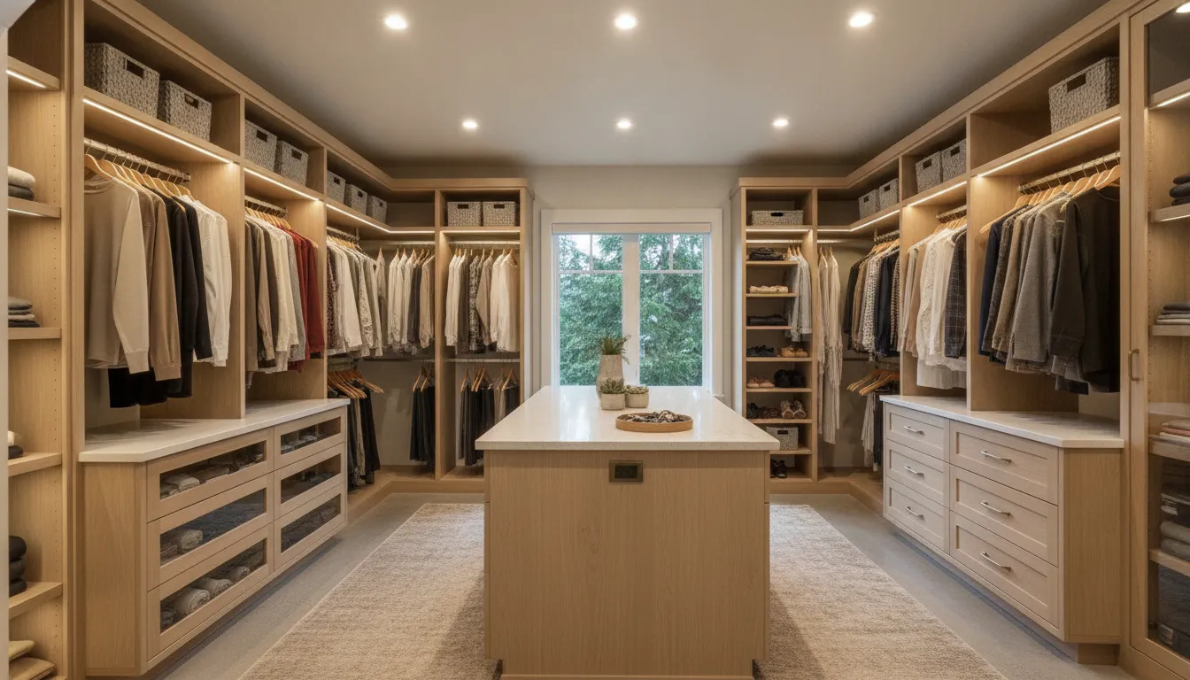 Bright custom walk-in closet remodel with built-in shelving and warm lighting
